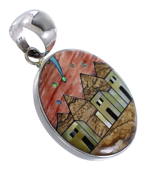 Silver Multicolor Native American Village Design Pendant YS62876